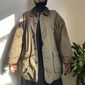 Vintage unisex North Bay Barn Coat – Earthy Olive & Leather Trim size 2XL